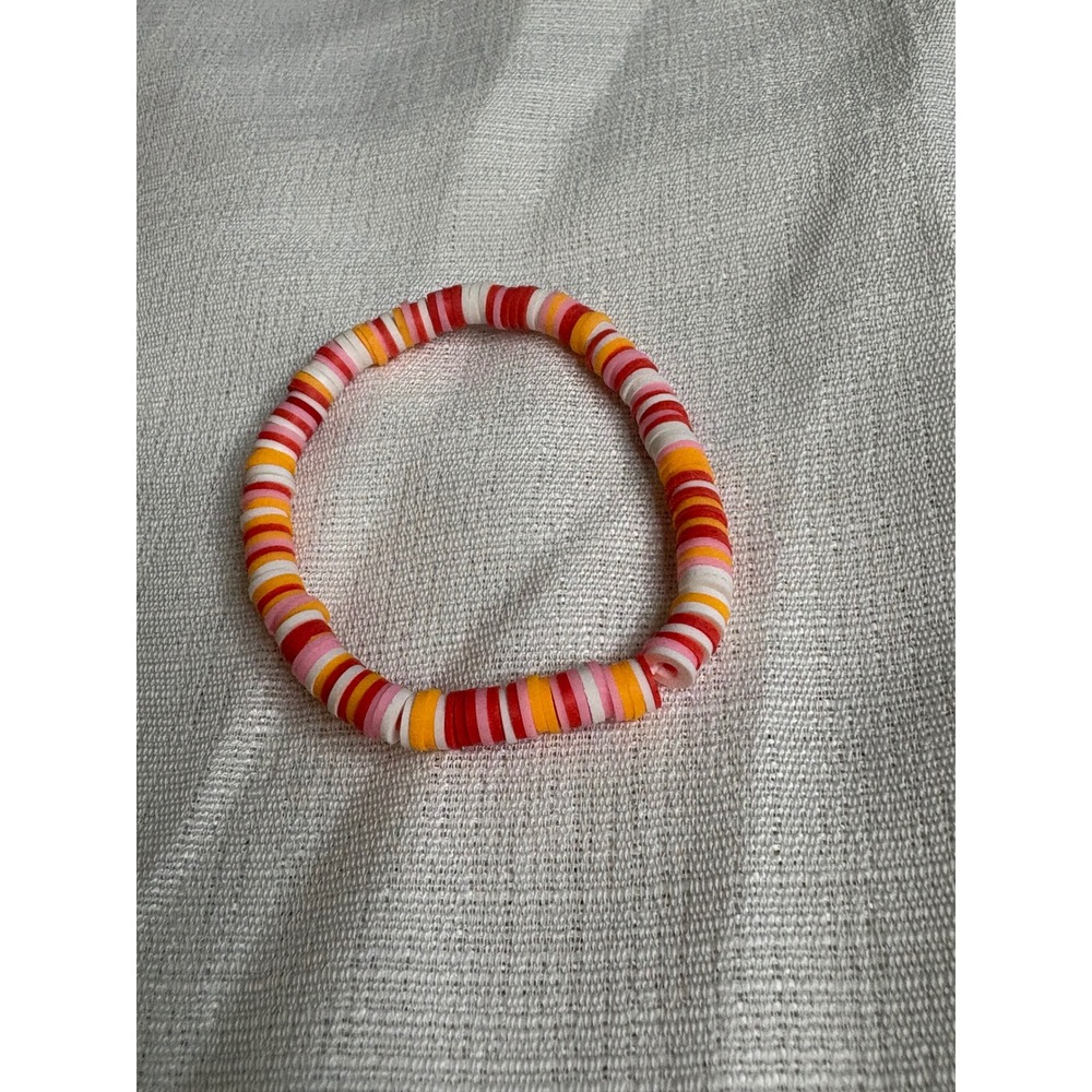 Handmade Heishi Bead Stretch Bracelet Red Orange Pink White Polymer Clay Discs